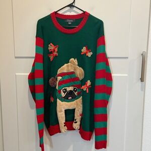 33 Degrees Ugly Christmas Sweater Pug Dog‎ Festive Green Red Stripe XXLFunny